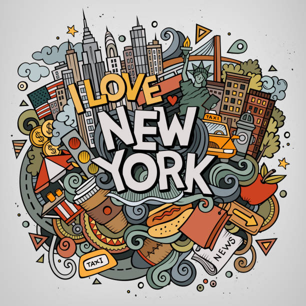 illustrazioni stock, clip art, cartoni animati e icone di tendenza di cartone animato carino doodles disegnato a mano i love new york iscrizione - brooklyn bridge taxi new york city brooklyn