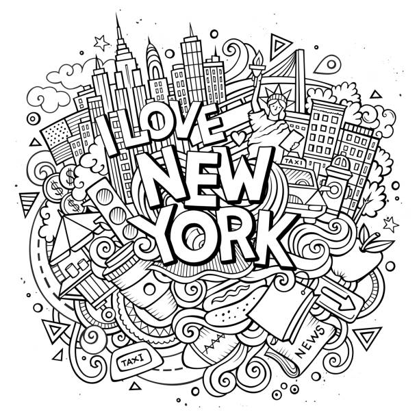 illustrazioni stock, clip art, cartoni animati e icone di tendenza di cartone animato carino doodles disegnato a mano adoro l'iscrizione di new york - brooklyn bridge taxi new york city brooklyn