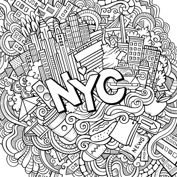 illustrazioni stock, clip art, cartoni animati e icone di tendenza di cartone animato carino doodles disegnato a mano nyc illustrazione - brooklyn bridge taxi new york city brooklyn