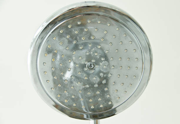 View of a shower head in a bathroom, the perspective is from the ground to the ceiling, it`s narrow stock photo
