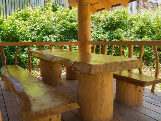 istock A table and two benches made of large solid wood in log cabin 1169017553