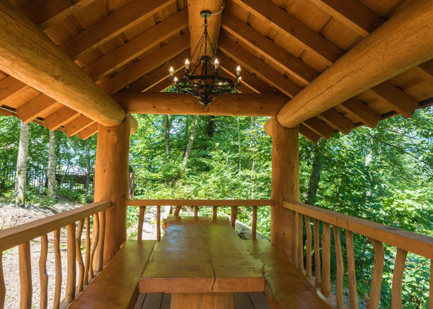 A table and two benches made of large solid wood in a log cabin