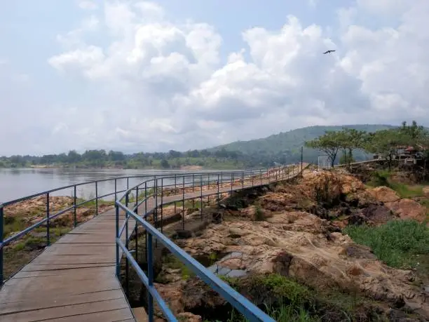 Bangui, Central African Republic: elevated boardwalk and the Ubangi River - on the opposite bank is Zongo, in the Sud-Ubangi Province of the Democratic Republic of the Congo