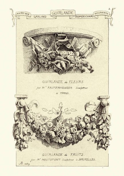 Vintage engraving of A festoon,  a wreath or garland hanging from two points, and in architecture typically a carved ornament depicting conventional arrangement of flowers, foliage or fruit bound together and suspended by ribbons. 19th Century. Materiaux et Documents D'Architecture et de Sculpture, by Raguenet