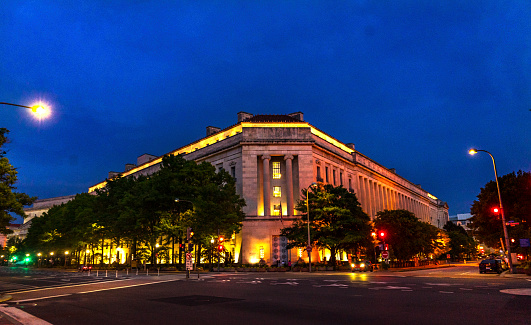 Justice Department Building Evening Pennsylvania Avenue Washington DC Completed in 1935. Houses 1000s of lawyers working at Justice.