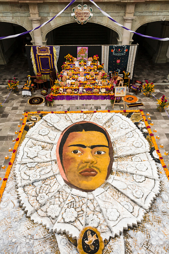 Giant sand painting for Day of the Dead festival depicting the Mexican artist Frida Kahlo, Governor's Palace, Oaxaca City, Oaxaca, Mexico