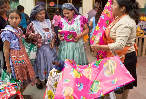 local indigenous women in tradtional dress shopping in market, tlacaloula, oaxaca, mexico - mexico dress market clothing imagens e fotografias de stock