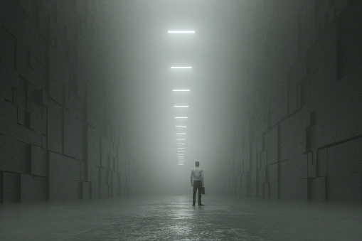 Lost businessman in dark urban corridor. This is entirely 3D generated image.