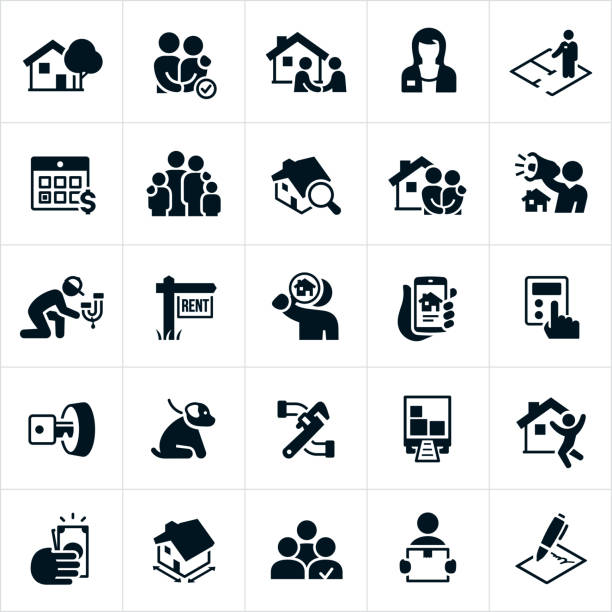 Property Management Icons A set of property management icons. The icons include a property manager, house, renters, family, handshake, agreement, floor plan, rent, home inspection, approval, couple, marketing, bullhorn, advertising, repairs, maintenance, rent sign, home search, accounting, house key, dog, pet, moving truck, payment, square footage, tenant selection, lease agreement and contract to name just a few. rental property management stock illustrations