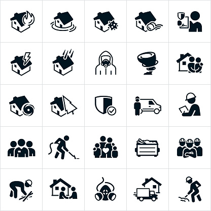 A set of disaster cleanup icons. The icons include a house fire, house being flooded, a house with mold, a house with wind damage, a house being hit by lightning, a house being damaged by hail, a house being damaged by a hurricane, a house being damaged by a falling tree, a person wearing a hazmat suit, a tornado, insurance claim, insurance agent, cleanup services, debris, a dumpster with debris, cleanup crews wearing hard hats and people cleaning up after a disaster to name a few.