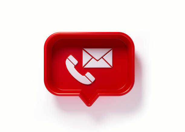 Red speech bubble with white contact us symbols on white background. Horizontal composition with copy space. Clipping path is included.