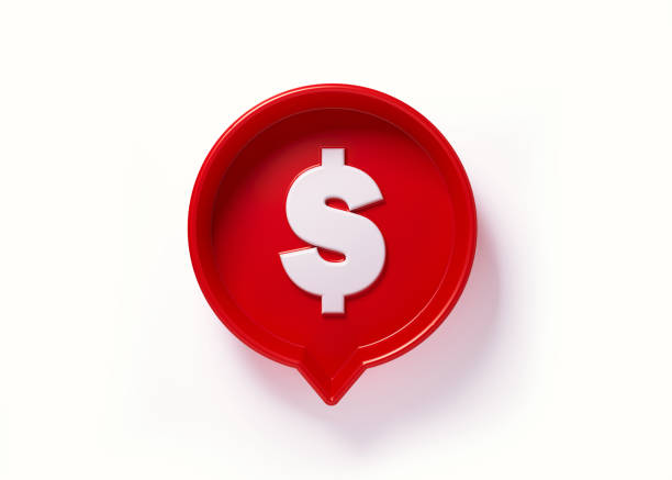 Red speech bubble with white American dollar sign on white background. Horizontal composition with copy space. Clipping path is included.