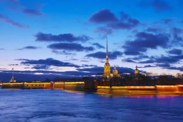 Panorama of St. Petersburg. Night View of the Peter and Paul Fortress. Sunset on Neva river. Zayachy Island. Saint Petersburg. russia