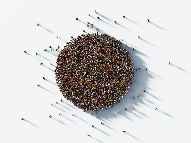 Human crowd forming a big circle on white background. Horizontal  composition with copy space. Clipping path is included. Targeting concept.