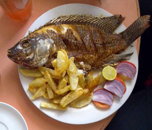N'Djamena, Chad: Chadian cuisine - carp from the Chari River, served with fries and vegetables