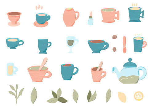 Tea set. Cups and kettele. Hot beverage stuff. Vector illustration.
