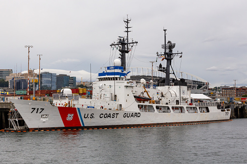 Seattle, Washington - June 5, 2019: United States Coast Guard Cutter Mellon ship docked in the Port of Seattle