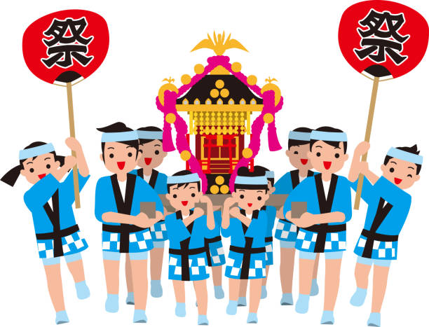 A shrine and children who carry it. Japanese traditional event. Vector material. Annual events hachimaki stock illustrations