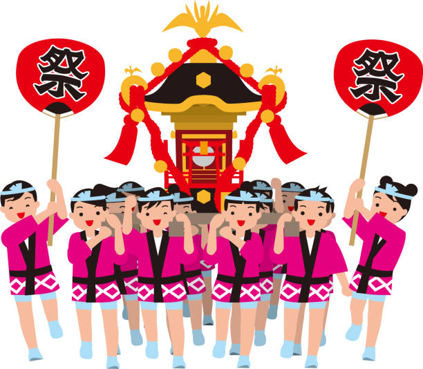 A shrine and children who carry it. Japanese traditional event. Vector material. Annual events hachimaki stock illustrations