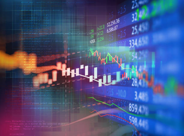 grafico degli investimenti in borsa con dati indicatori e volume. - data chart business graph foto e immagini stock