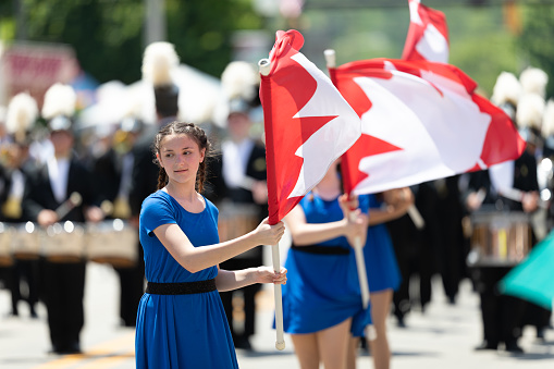 Buckhannon, West Virginia, USA - May 18, 2019: Strawberry Festival, The Diplomats Drum and Bugle Corps marching band from Windsor, Canada performing at the parade