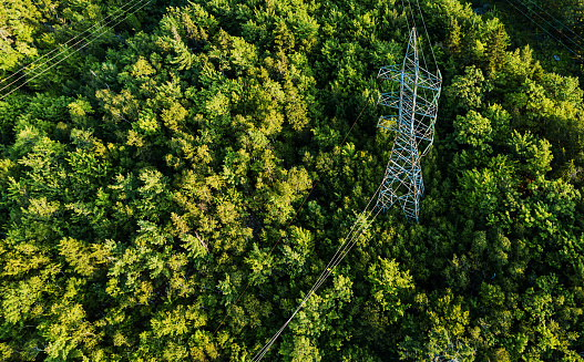 Aerial view of a high voltage power pylon.
