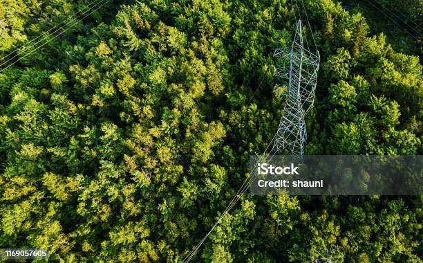 Aerial Drone View Power Pylon Stock Photo - Download Image Now - Power Line, Power Cable, Electricity
