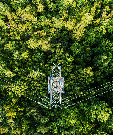 Aerial view of a high voltage power pylon.