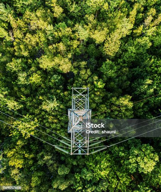 Aerial Drone View Power Pylon Stock Photo - Download Image Now - Power Line, Electricity, Power Cable