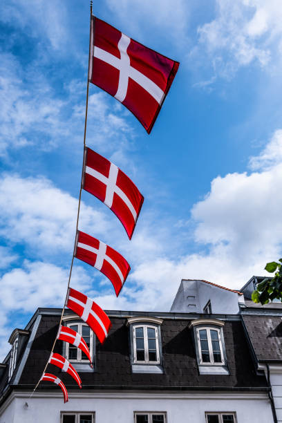 istock Danish Flags Strung Across The Blue Sky 1169058215