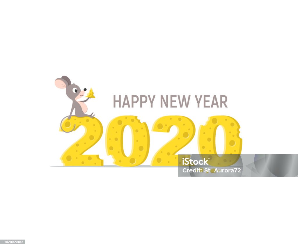 Cartoon Rat Eat Cheese Sitting On Numbers 2020 Symbol New Year ...