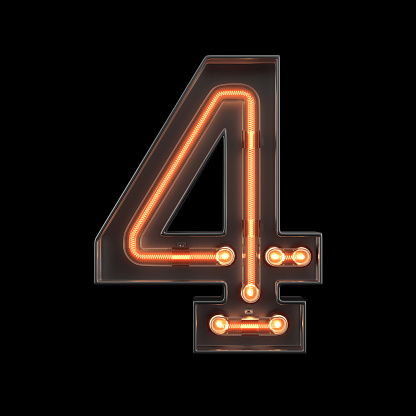 Number 4, Alphabet made from Neon Light with clipping path. 3D illustration