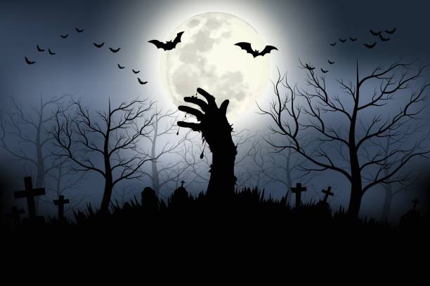 Zombie hands rising in dark Halloween night. Zombie hands rising in dark Halloween night. Vector illustrator halloween background stock illustrations
