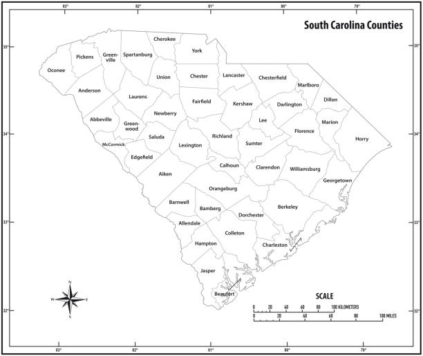 南卡羅來納州以黑白兩色勾勒出行政和政治地圖 - south carolina 幅插畫檔、美工圖案、卡通及圖標