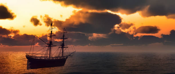 Pirate ship at sea stock photo