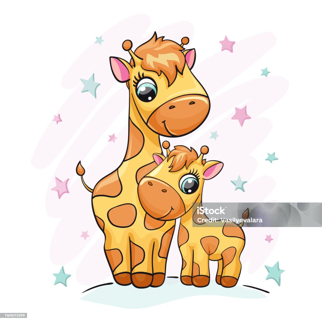 Vetores de Bebê Do Giraffe Com Cópia Bonito Da Mamã Família Minúscula