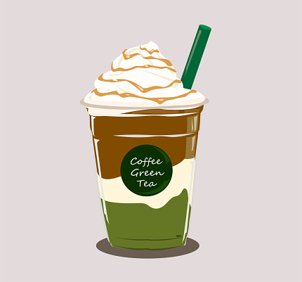 The coffee and green tea milkshake and whipped cream vector on light brown background.