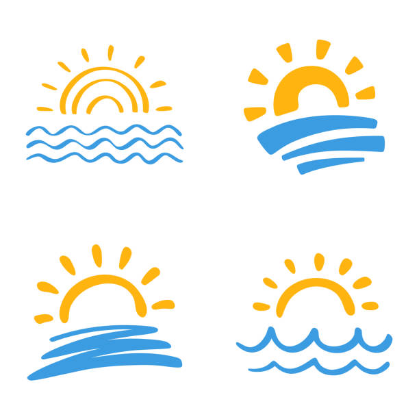 태양과 바다 - river wave symbol sun stock illustrations