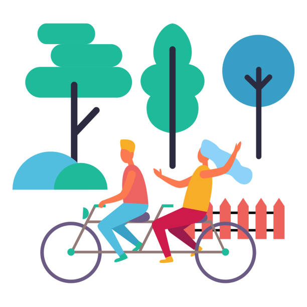 Boy and Girl on Double Bike Isolated Illustration Adolescent boy and girl on double bicycle isolated vector illustration on white. Icons of different lush trees and bushes along with wooden fence person sitting on fence stock illustrations