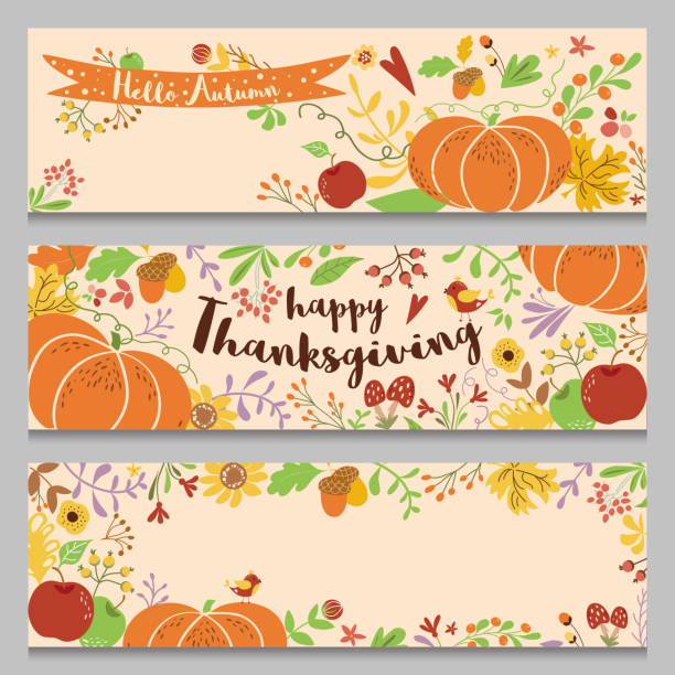 Autumn banners set horizontal. Three templates in cartoon style Hand drawn pumpkin forest fall flowers bird Cute vector vector art illustration