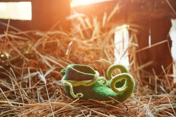 Colorful green shoes of a fairy-tale character or St. Patrick stand on the hayloft on the straw