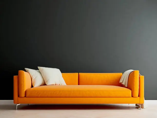 Photo of Black mock up wall with orange sofa in modern interior background, living room, Scandinavian style, 3D render, 3D illustration