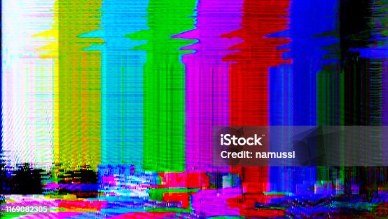 istock GLITCH COLOR BARS: TV interference, static, distorted test card or test pattern with colour static and noise 1169082305