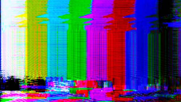 GLITCH COLOR BARS: TV interference, static, distorted test card or test pattern with colour static and noise We are experiencing technical difficulties. Poorly tuned TV almost loses the signal. Colour bars disappear into analogue interference. television static photos stock pictures, royalty-free photos & images