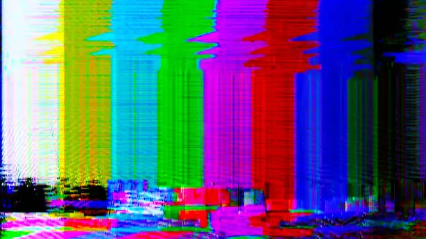 We are experiencing technical difficulties. Poorly tuned TV almost loses the signal. Colour bars disappear into analogue interference.