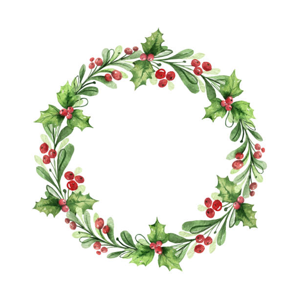 bildbanksillustrationer, clip art samt tecknat material och ikoner med akvarell vektor jul krans med gröna grenar och röda bär. - blomsterkrans illustrationer