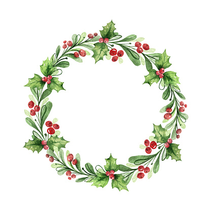 Watercolor vector Christmas wreath with green branches and red berries. Illustration for greeting floral postcard and invitations isolated on white background.