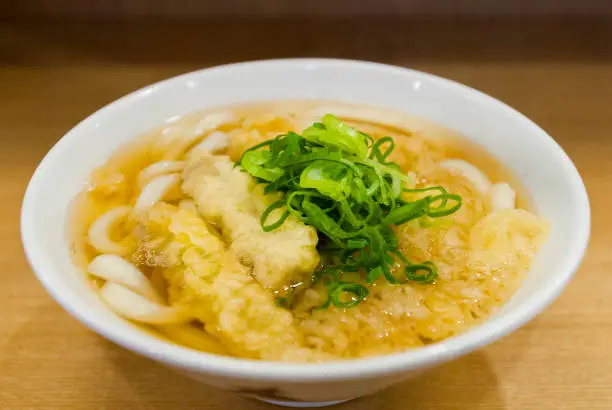 Gobou is a vegetable made from tempura and topped with Japanese noodles, udon.