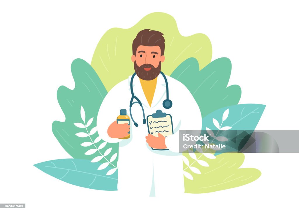 Male Doctor With Medicine Jar With Plants On Background Stock Illustration  - Download Image Now - iStock