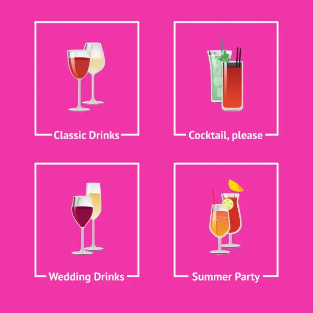 Vector illustration of Alcohol Drinks and Cocktails for Wedding and Party